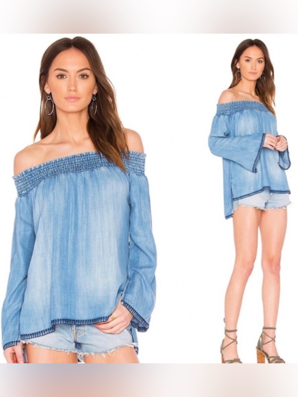 Bella Dahl Blue Chambray Off-The-Shoulder Smocked Blouse